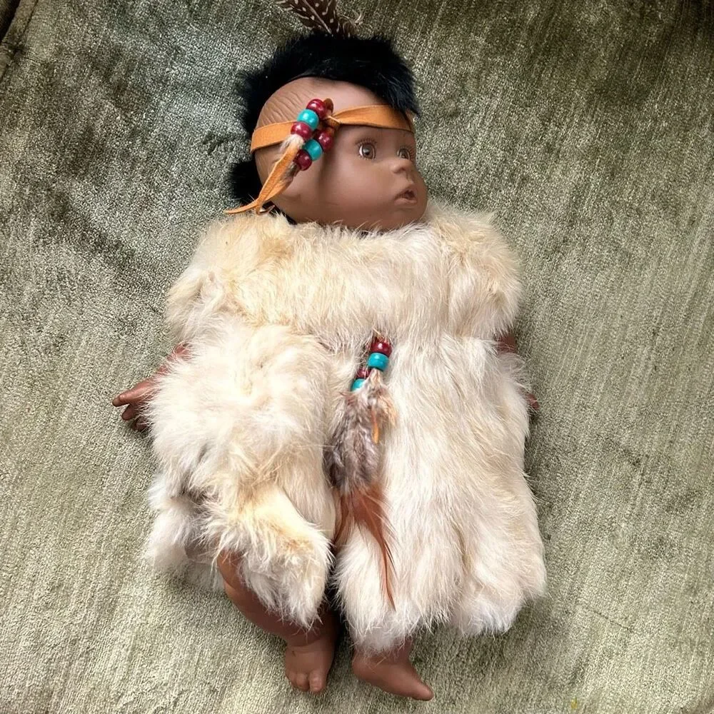 Native American Baby Boy Doll w Authentic Fur & Feathers, Mohawk, Soft Body